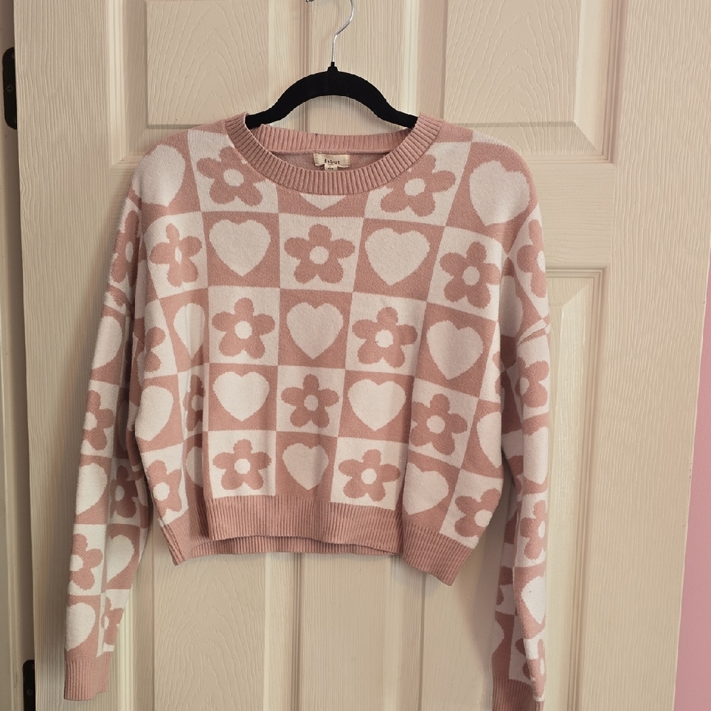 debut Pink and White‎ Floral & Heart Crewneck Sweater